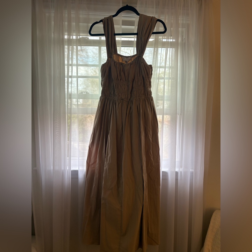 Smocked, maxi length tan dress from Pomander Place